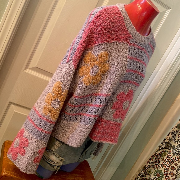 Moon & Madison Artistic Floral Kawaii Cute Purple, Pink, & Orange Sweater - Picture 11 of 14